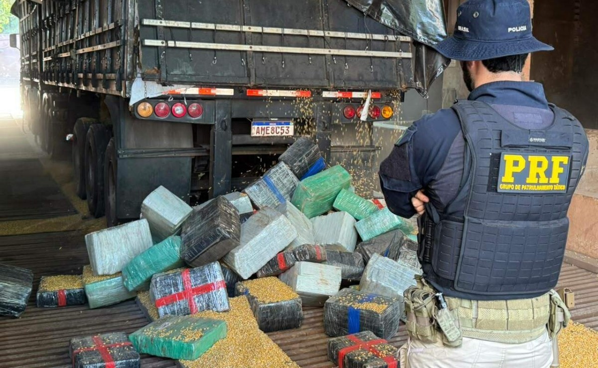 Na BR-376 em Vicentina, carga de milho escondia 5,2 toneladas de maconha em rodotrem
